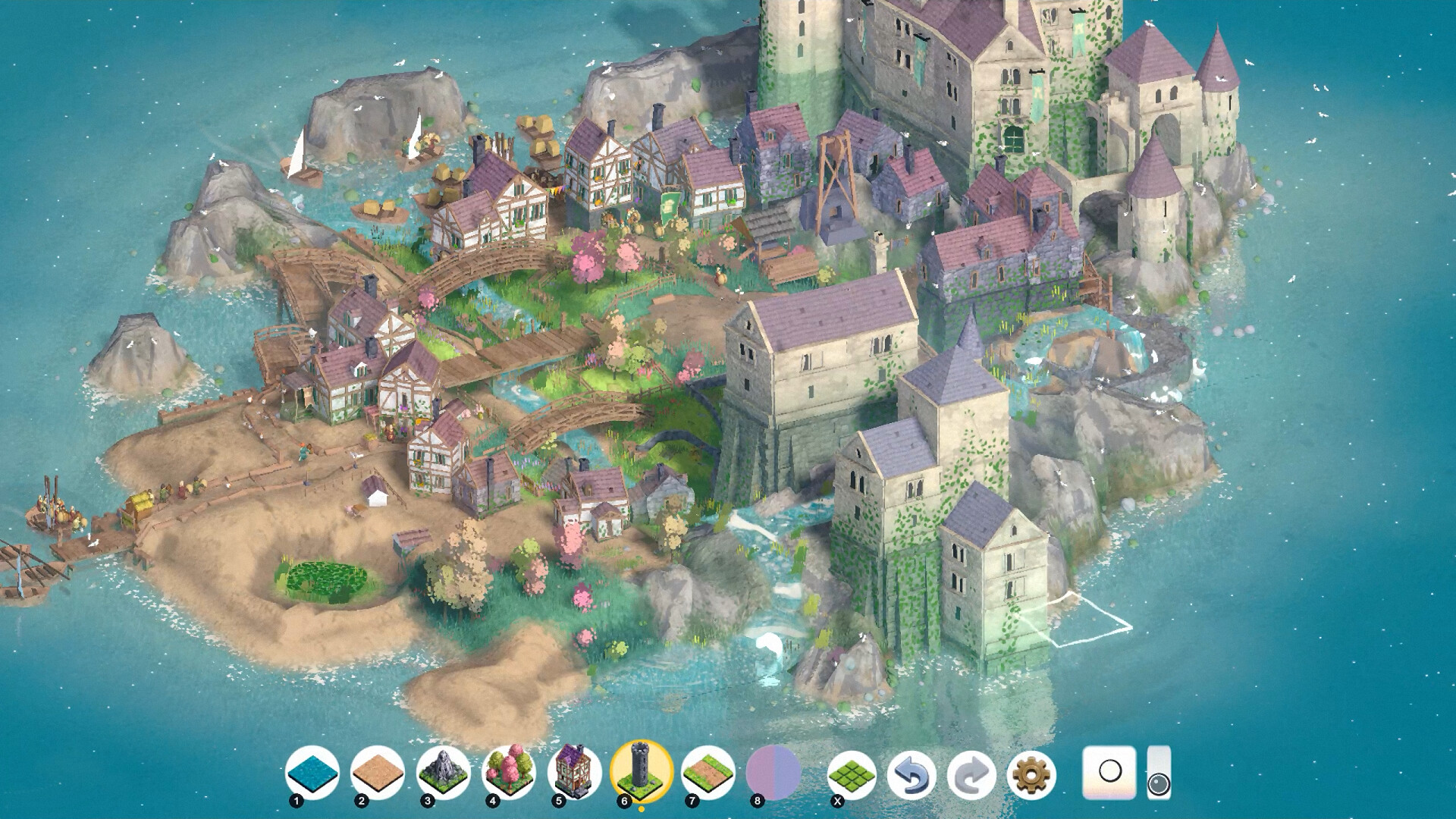 Brushland screenshot of a small island kingdom with a castle, houses and cliffs above blue water.