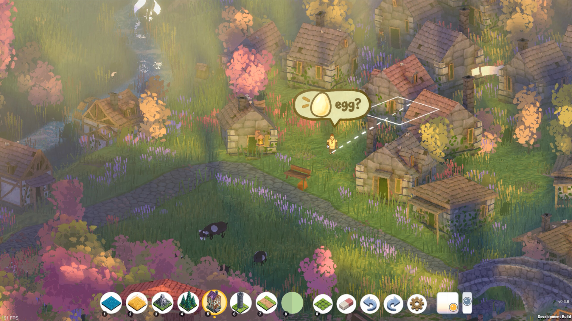 Brushland screenshot of a village with a villager speech bubble among houses and pink trees.